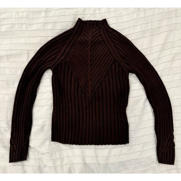 Ribbed Mock Neck Sweater Women's Small Brown Cotton Dark Academia Minimalist - Picture 10 of 16